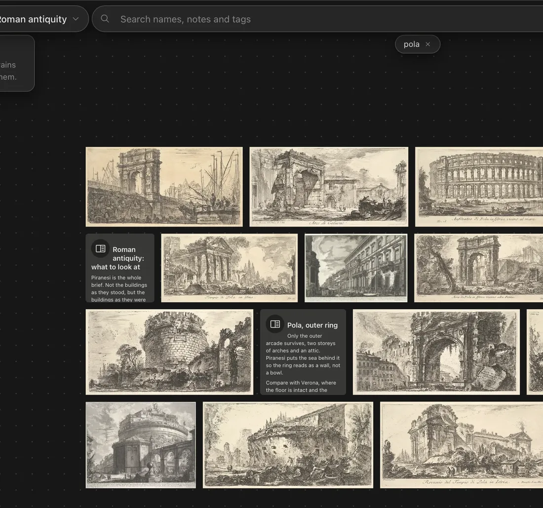 Ein nach einem Wort gefilterter Grain-Speicher: Piranesi-Radierungen, eine Notiz und ein Sprachmemo unter den Treffern.